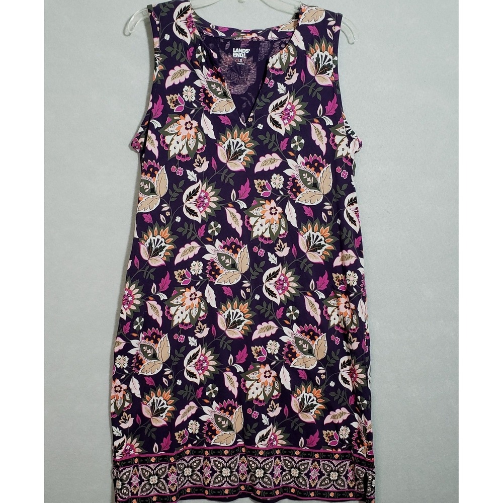 Lands End Medium 10-12 Shift Dress Purple Floral Cotton V-Neck Boho Cttagecore